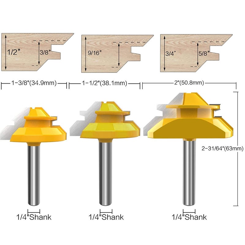 ROOCBIT 1/4" Shank 45 Degree Lock Miter Router Bit - 1/2" 9/16" 3/4" Cutting Height Woodworking Glue Joint Tools Set 3Pcs by ROOCBIT - Image 4